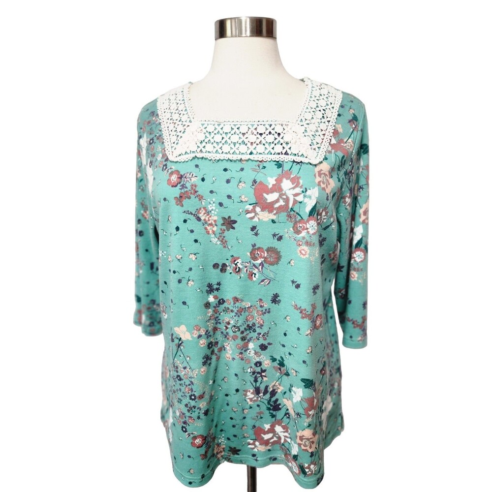Ultra Softs Womens Top PJ Top Xl Green Floral Embroidered Soft Flannel 3/4 Slv
